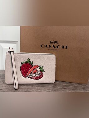 Coach Light Pink Strawberry Wristlet with Logo Patch